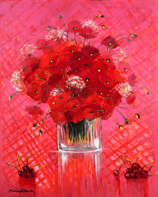 米歇尔·亨利《虞美人与樱桃的红色交响曲》油画第25号