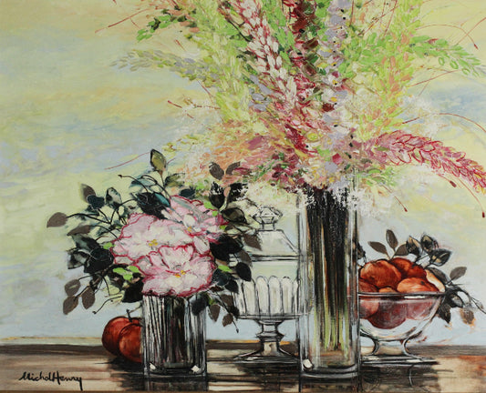 ミッシェル・アンリ <バラとルピナス> 油彩25号