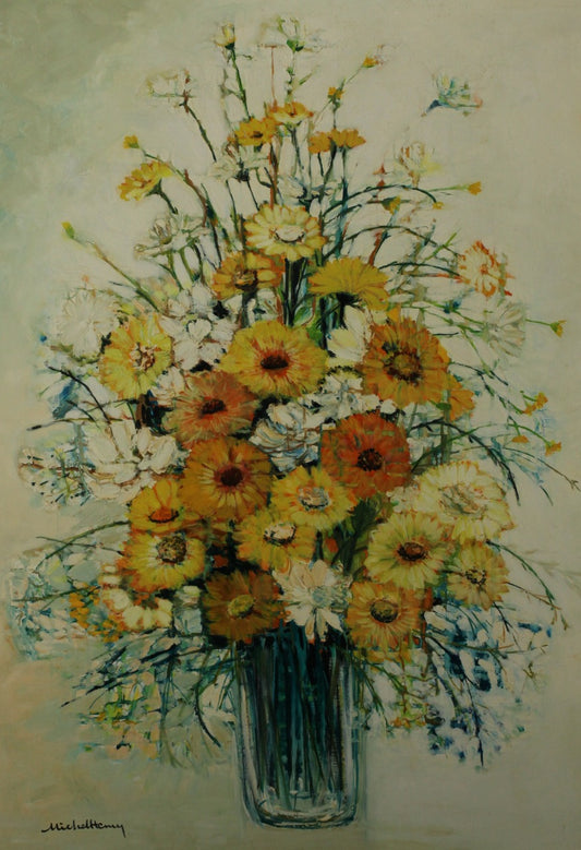 ミッシェル・アンリ <白と黄金色のブーケ>油彩画30号