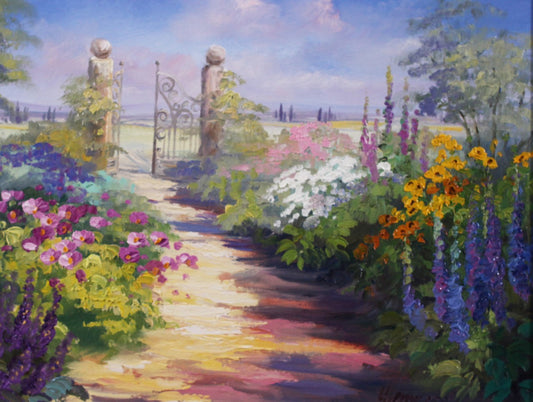 伍德·埃尔曼《后院里的花》油画 30 x 40 cm