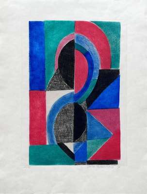 Sonia Delaunay "Green Checkered Pattern" 1968 Lithograph