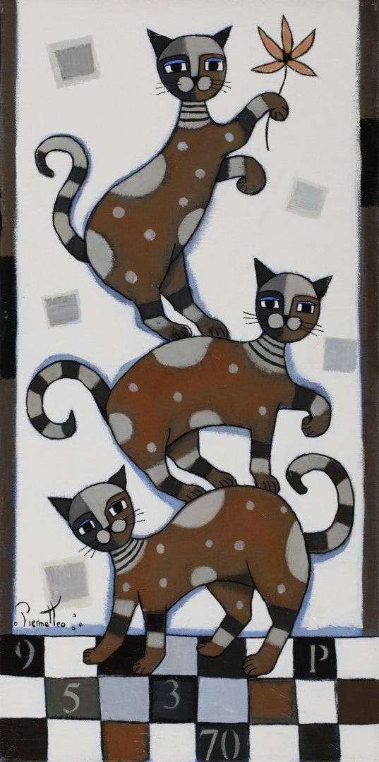 ジョゼ・ピエルマテオ 【猫のトリオ】油彩60x30㎝ 額付