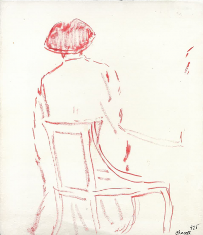 マルク・シャガール 【後ろ向きに座ったベラ】1925年 16.7x14.5cm グアッシュによるデッサン 右下にサインと日付け