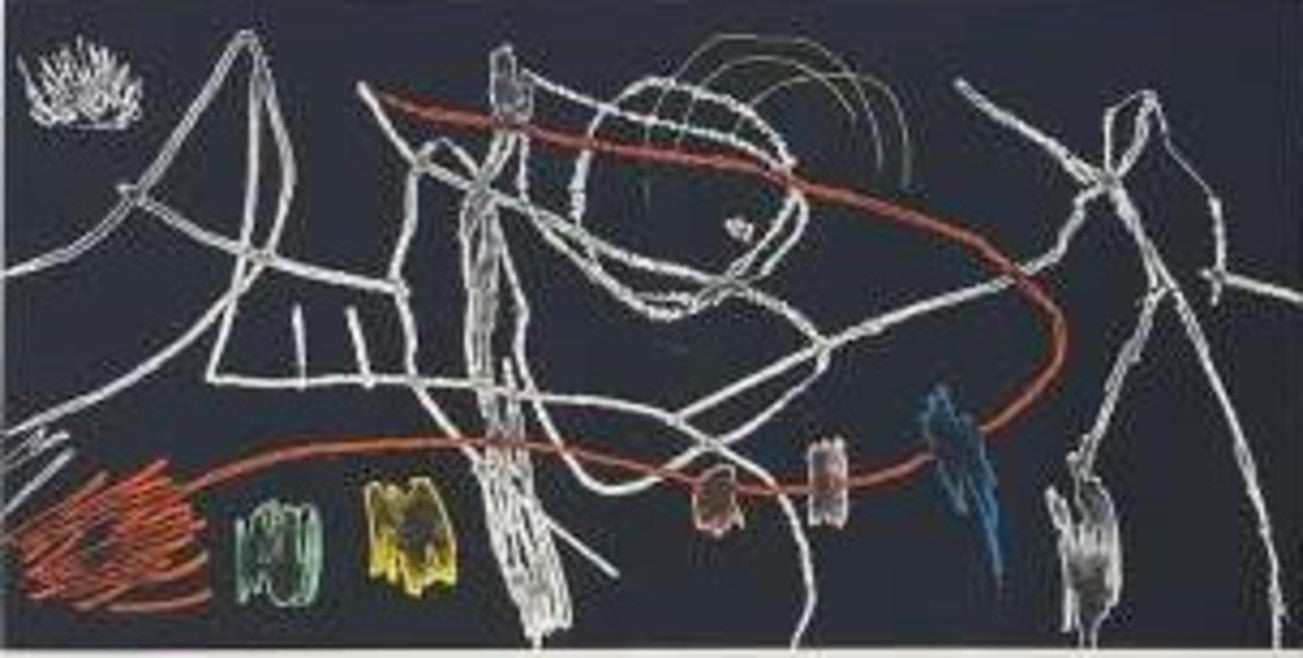 ジョアン・ミロのエッチング&アクアチント1973年にニューヨークのピエール・マティス・ギャラリーで開催された展覧会「ミロの絵画、グワッシュ、sobreteixims(布等繊維を使用)、彫刻、エッチング」の際に制作された4枚の版画で構成されるアルバムから抜粋した作品。ミロのこの横長の版画は、黒を背景として、ミロの好む赤、緑、黄色などの原色が荒い線で描かれている。