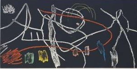 ジョアン・ミロのエッチング&アクアチント1973年にニューヨークのピエール・マティス・ギャラリーで開催された展覧会「ミロの絵画、グワッシュ、sobreteixims(布等繊維を使用)、彫刻、エッチング」の際に制作された4枚の版画で構成されるアルバムから抜粋した作品。ミロのこの横長の版画は、黒を背景として、ミロの好む赤、緑、黄色などの原色が荒い線で描かれている。