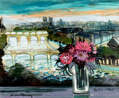 ミッシェル・アンリ <セーヌ川と百日草> 油彩20号