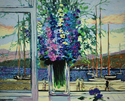 ミッシェル・アンリ 【地中海のデルフィニューム】オリジナルシルクスクリーン版画 作家自筆サイン入り【額付】