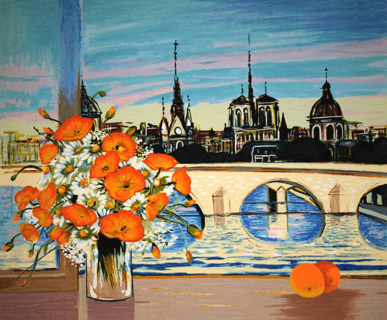 ミッシェル・アンリ 【ポン・ヌッフとノートルダム】オリジナルシルクスクリーン版画 作家自筆サイン入り【額付】