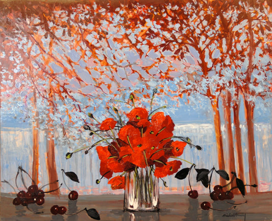 ミッシェル・アンリ 【水辺のコクリコ】 油彩20号【額付】