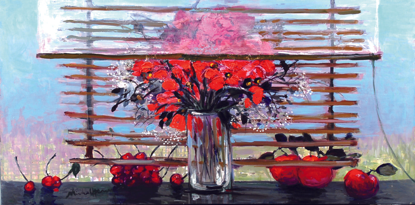 ミッシェル・アンリ 【バンブーのあるコクリコ】油彩50cmx100cm【額付】