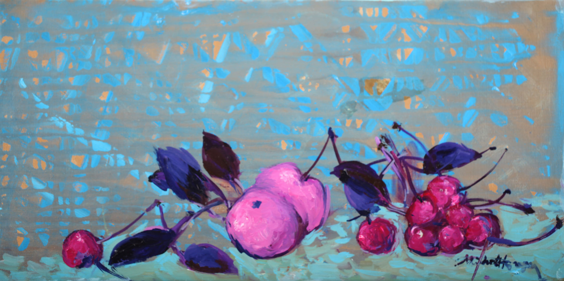 ミッシェル・アンリ 【サクランボ】 油彩25x50cm 【額付