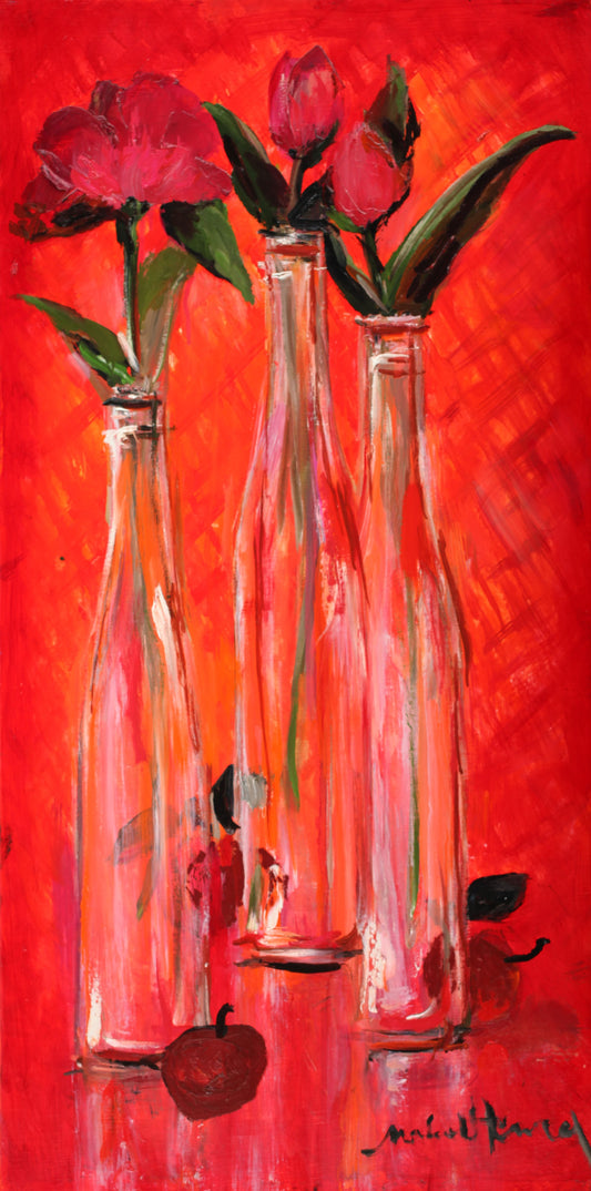 ミッシェル・アンリ 【夏のフルーツ】 油彩80x40㎝【額付】 2011年作品  ミッシェル・アンリが弊社(ギャルリー亜出果)の注文で描いた絵画です。