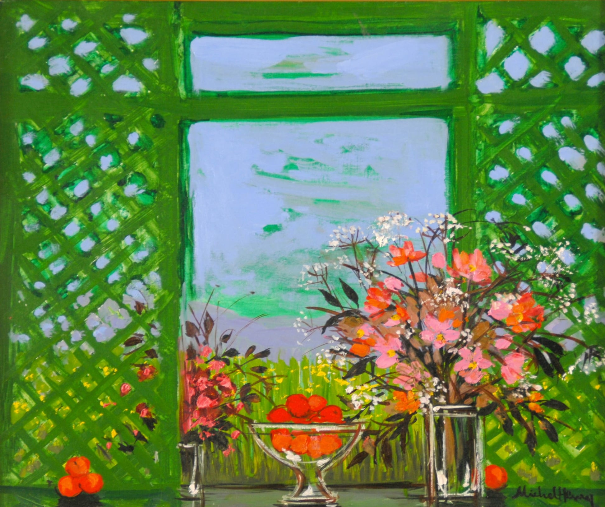 ミッシェル・アンリ 【バンブーの衝立の前のブーケ】 油彩8号【額付】2003年作品 作家ミッシェル・アンリが弊社(ギャルリー亜出果)の注文で描いた絵画です。ミッシェル・アンリは花をメインに描く画家でビュッフェ、ブラジリエなどと共に20世紀フランス画壇を代表する画家です。絵画から幸福感感じられるので、フランスでは幸福の画家、ポピーを多く描くのでアメリカではポピーの王様と呼ばれています。透明感のある輝く色彩は、宝石に例えられます。ミッシェル・アンリの絵画はパリ市近代美術館スエーデン王室、モナコ公国、サウジアラビ王室等が収蔵しています。ギャルリー亜出果は1995年以来ミッシェル・アンリの日本総代理店として有名百貨店でミッシェル・アンリ展を開催し、版画の制作発売もしています。