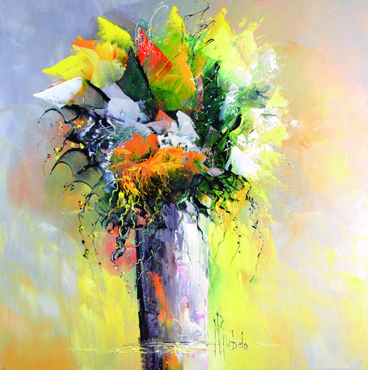 マニュエル・リュバロ 油彩画 50x50cm 作家サインはキャンパス中央よりすこし右よりにある。黄色を基調にした現像的なブーケが描かれている。黄色い花弁にオレンジ色の花弁がアクセントになっている。