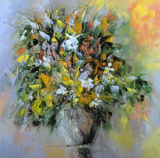 マニュエル・リュバロ 【放射するブーケ】 70x70cm 油彩 2010年制作 【額付】