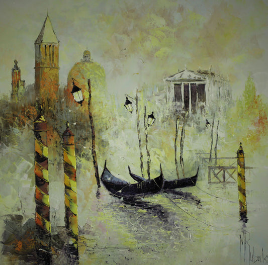 マニュエル・リュバロ 【霧のベニス】 80x80cm油彩 2013年制作 【額付】  霧の包まれた幻想的な雰囲気のベニスを描いている