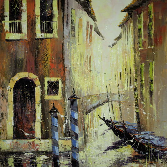 マニュエル・リュバロ 【ゴンドラの岸辺】 80x80cm   2013年制作 【額付】