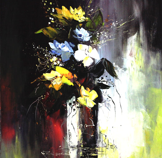 マニュエル・リュバロ 【ブーケserie1186】 50x50cm 2015年制作 [額付き】 キャンバス右下はグリーン、黄色、白などの明るく鮮やかの色彩が置かれ、キャンバス右上は黒、右下は黒に近い赤に若干明るいグリンが流されている。その中央に黄色、白、水色の鮮やかな色彩で花弁が描かれている。キャンバス左半分の暗い空間から浮かび上がったような立体感のある花の色彩が画面右の白、緑、黄色と響き合って怪しい美しさがある