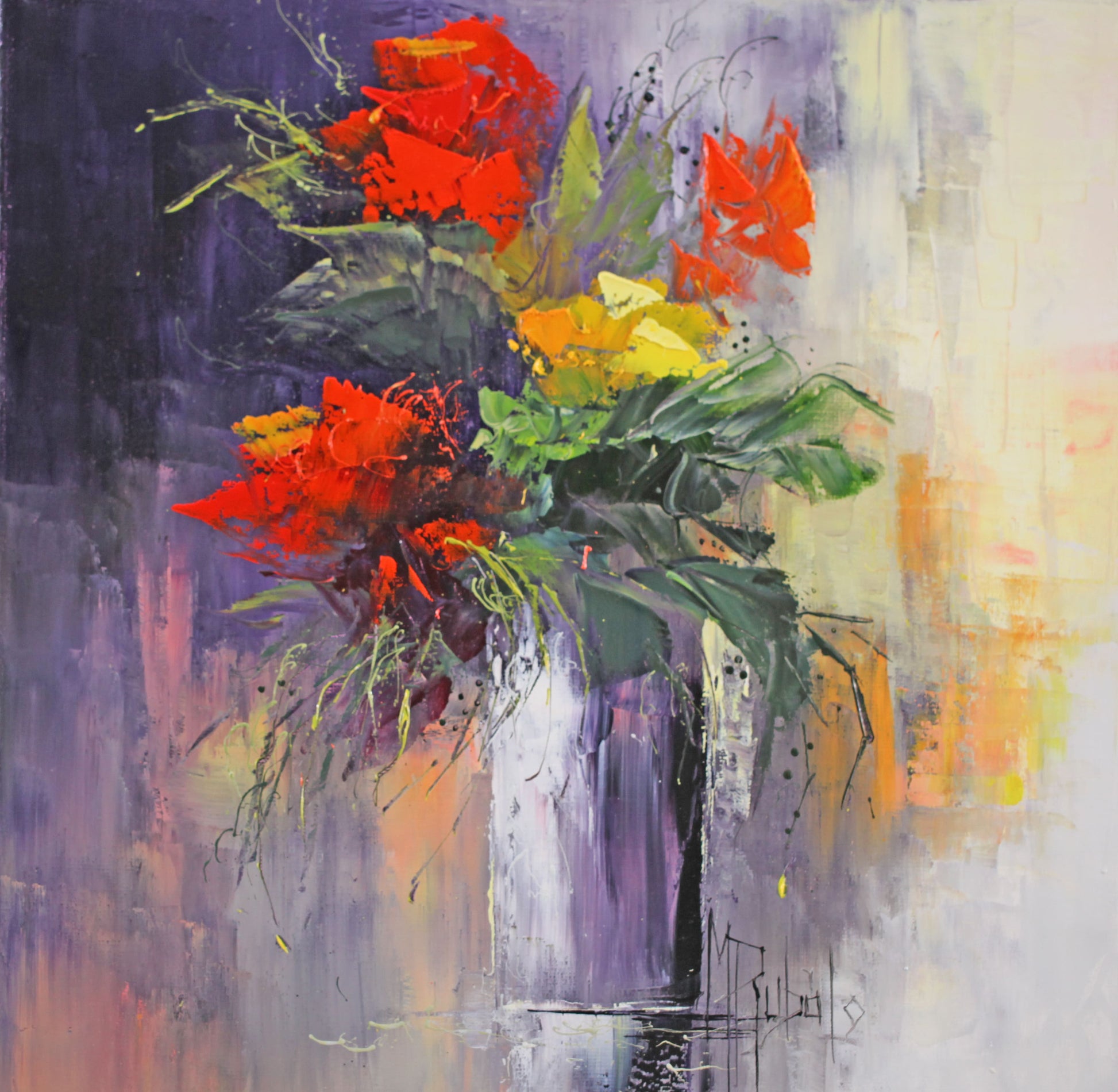 マニュエル・リュバロ 「ロマンチックなブーケ」 50x50cm油彩 2016年制作 [額付」