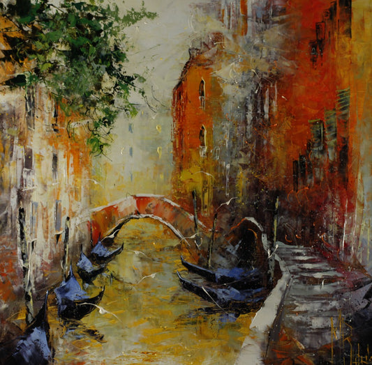 マニュエル・リュバロ 「歓びのベニス」 70x70cm油彩 2019年制作 「額付」 ベニスの大運河から分かれた小さな運河のほとりゴンドラがあり、小さな橋が両岸をつないでいる。運河の水面も両岸の建物も赤や黄色の燃えるような色彩で描けれたいる。それらの色彩は互いに混じり合い、溶けあって幻想的な中に楽しそうな雰囲気を感じさせる