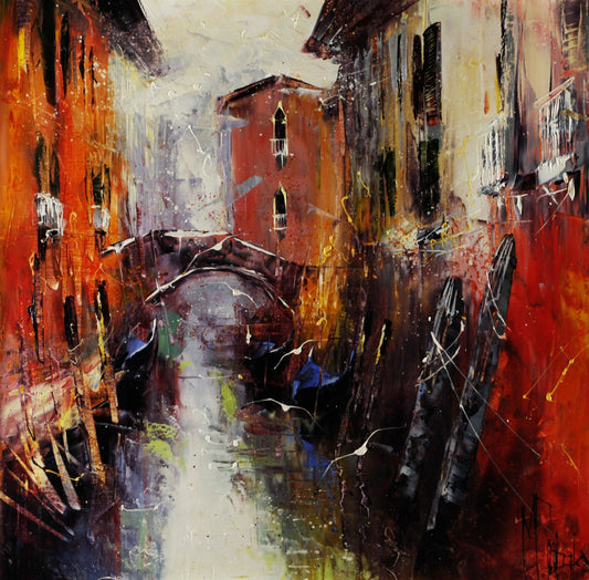 マニュエル・リュバロ 【ベニスの橋】 60x60cm油彩 2019年制作【額付】