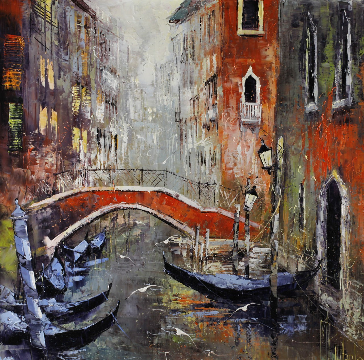 マニュエル・リュバロ 「夢のベニス」 70x70cm油彩 2019年制作 「額付」 ベニスの大運河から分かれた小さな運河と両岸の建物も描かれている。色彩は形からはみ出し、互いに溶け合い、滲みだしキャンバス全体に荒々しい雰囲気を持ち込んでいる。具象画の場合は、色彩どうしが混じらないように整理して描く場合が多きが、抽象画の場合は、色彩を自由に擦りつけたり、筆の跡のマチエールで感情を表現する。この絵は、具象と中小の間に位置すると言える