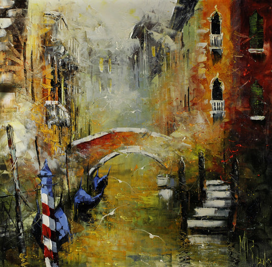 マニュエル・リュバロ 「ベニスの幻想」 80x80cm油彩 2019年制作 「額付」 ベニスの小さな運河を幻想的な描いている。橋も両岸の建物も形が靄の中に半ば消し去れている。あたかも、中世のベニスにタイムスリップする瞬間を描いたように思える