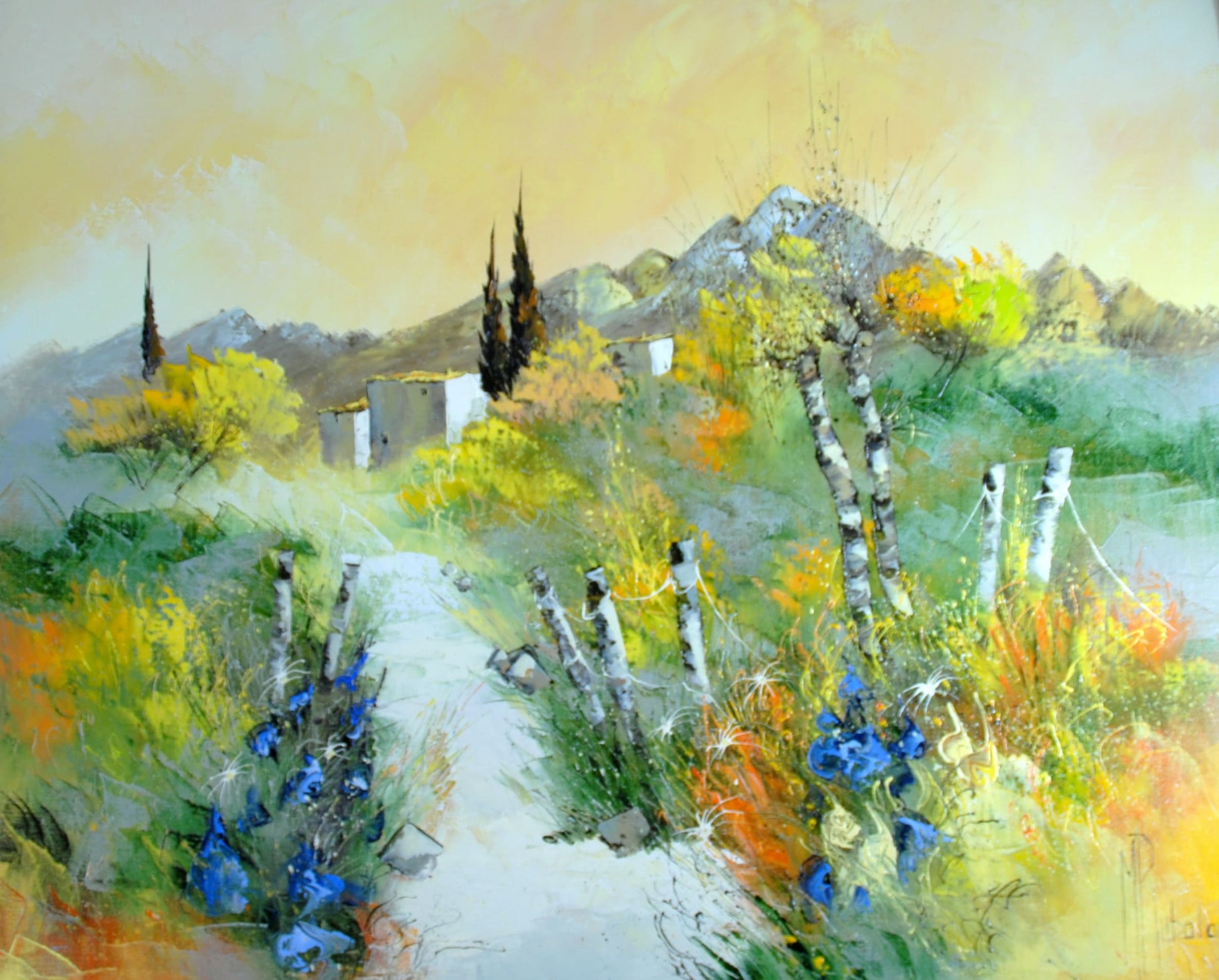 マニュエル・リュバロ 「ブルーのアイリス」 40号油彩 2008年制作「額付」 黄色やオレンジに色づき始めたプロバンスの山中のカラフルで美し風景の中にブルーのアイリスも艶やかさを添えている