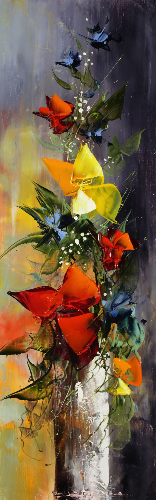 マニュエル・リュバロ 【赤、黄、ブルー、オレンジのブーケ】 25x75cm   2022年制作 【額付】