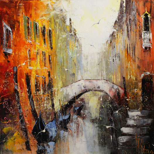 マニュエル・リュバロ 【ベニスの橋」60x60cm油彩 2022年制作「額付」