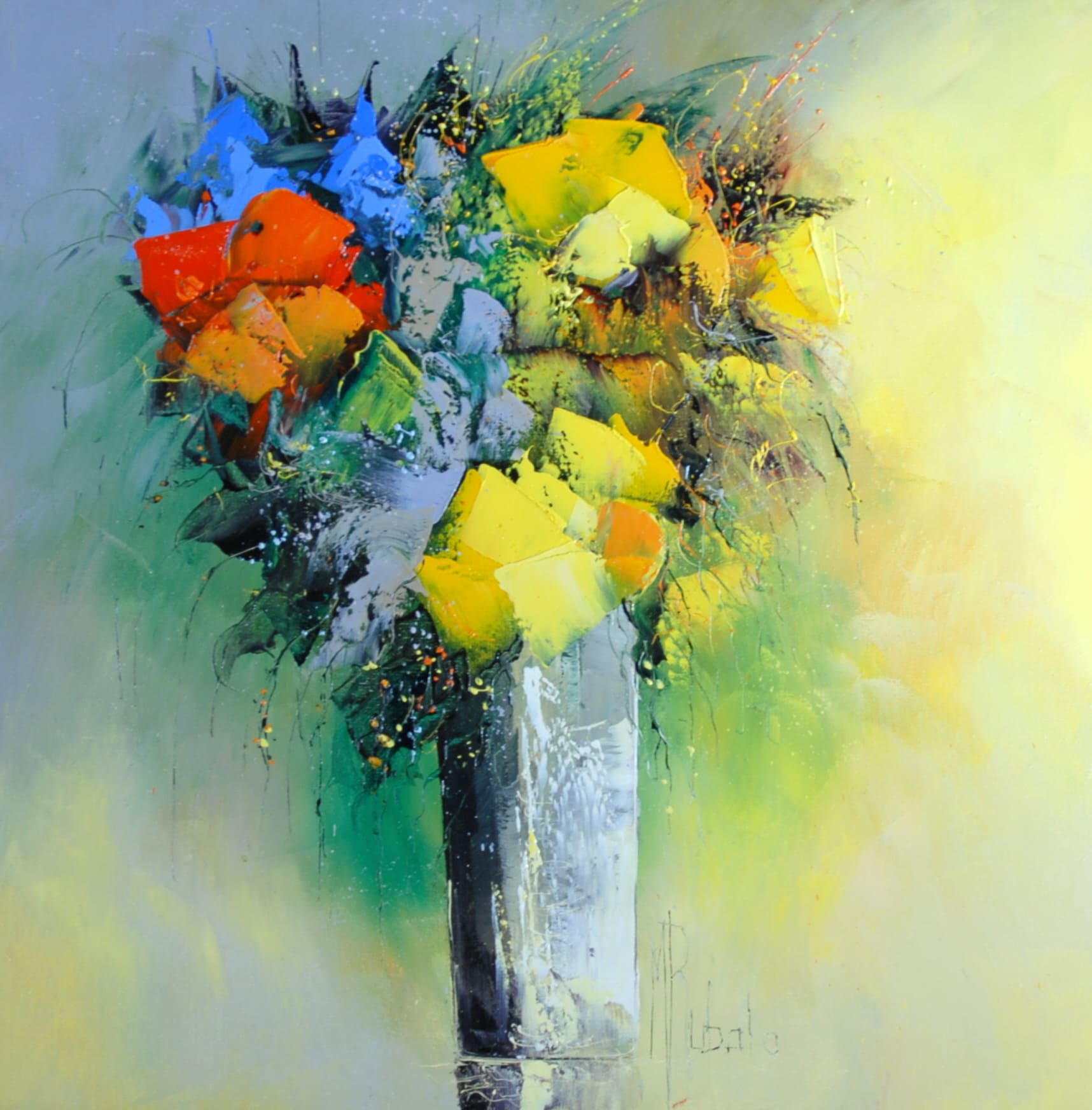 マニュエル・リュバロ 油彩 2008年制作 【デリケートなブーケ】 中央下より少し右にサインが入れてある。右半分が黄色、左半分がブルーグリーの背景で、背景の色彩の延長にもう少し濃い色の黄色とブルーの花弁が描かれて色彩の継続を感じさせる。強烈な赤とオレンジの花弁も配されて単調さに刺激を与えている。【額付】