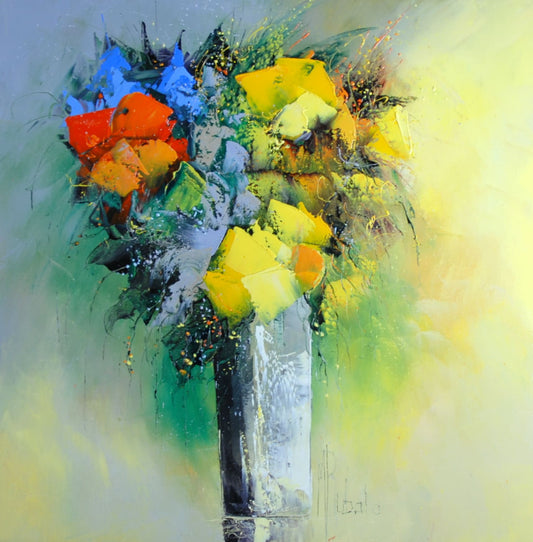 マニュエル・リュバロ 油彩 2008年制作 【デリケートなブーケ】 中央下より少し右にサインが入れてある。右半分が黄色、左半分がブルーグリーの背景で、背景の色彩の延長にもう少し濃い色の黄色とブルーの花弁が描かれて色彩の継続を感じさせる。強烈な赤とオレンジの花弁も配されて単調さに刺激を与えている。【額付】
