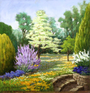 Nicole Clement《花园场景》粉彩画 30x30cm