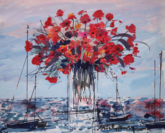 ミッシェル・アンリ 【帆船とブーケ】 グアッシュ=不透明水彩絵画【額付】3号サイズ相当 2013年制作 作家ミッシェル・アンリが弊社(ギャルリー亜出果)の注文で描いた絵画です。