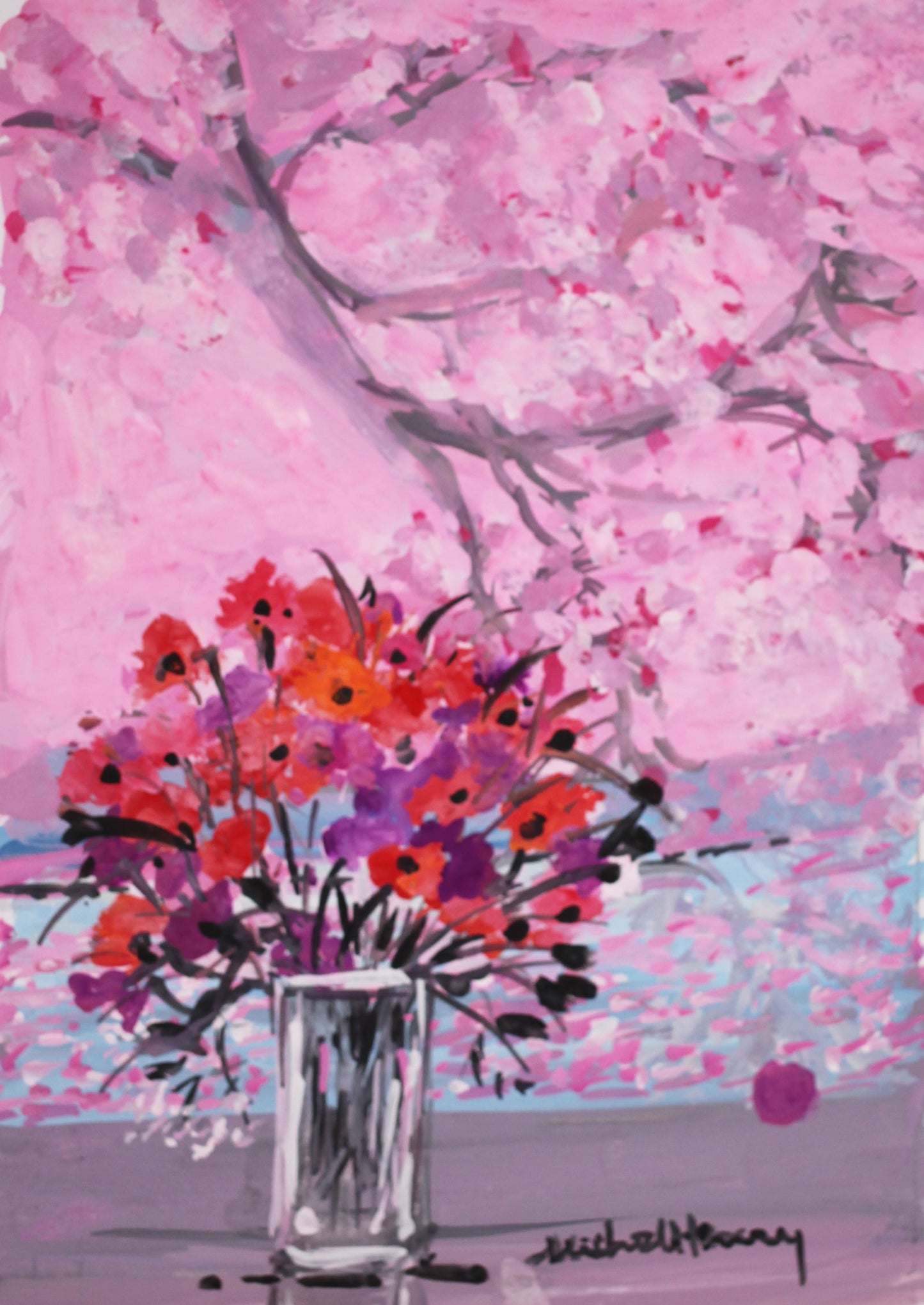 ミッシェル・アンリ 【海辺のブーケ】グアッシュ=不透明水彩絵画【額付】 2号サイズ相当 2013年制作 作家ミッシェル・アンリが弊社(ギャルリー亜出果)の注文で描いた絵画です