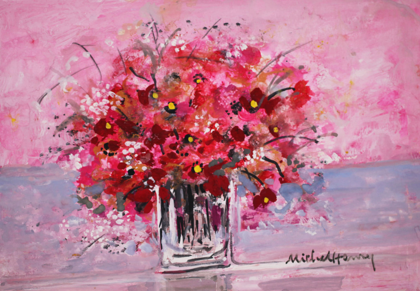 ミッシェル・アンリ 【ブーケパナッシェ】グアッシュ=不透明水彩絵画【額付】  2号サイズ相当 2013年制作 作家ミッシェル・アンリが弊社(ギャルリー亜出果)の注文で描いた絵画です。