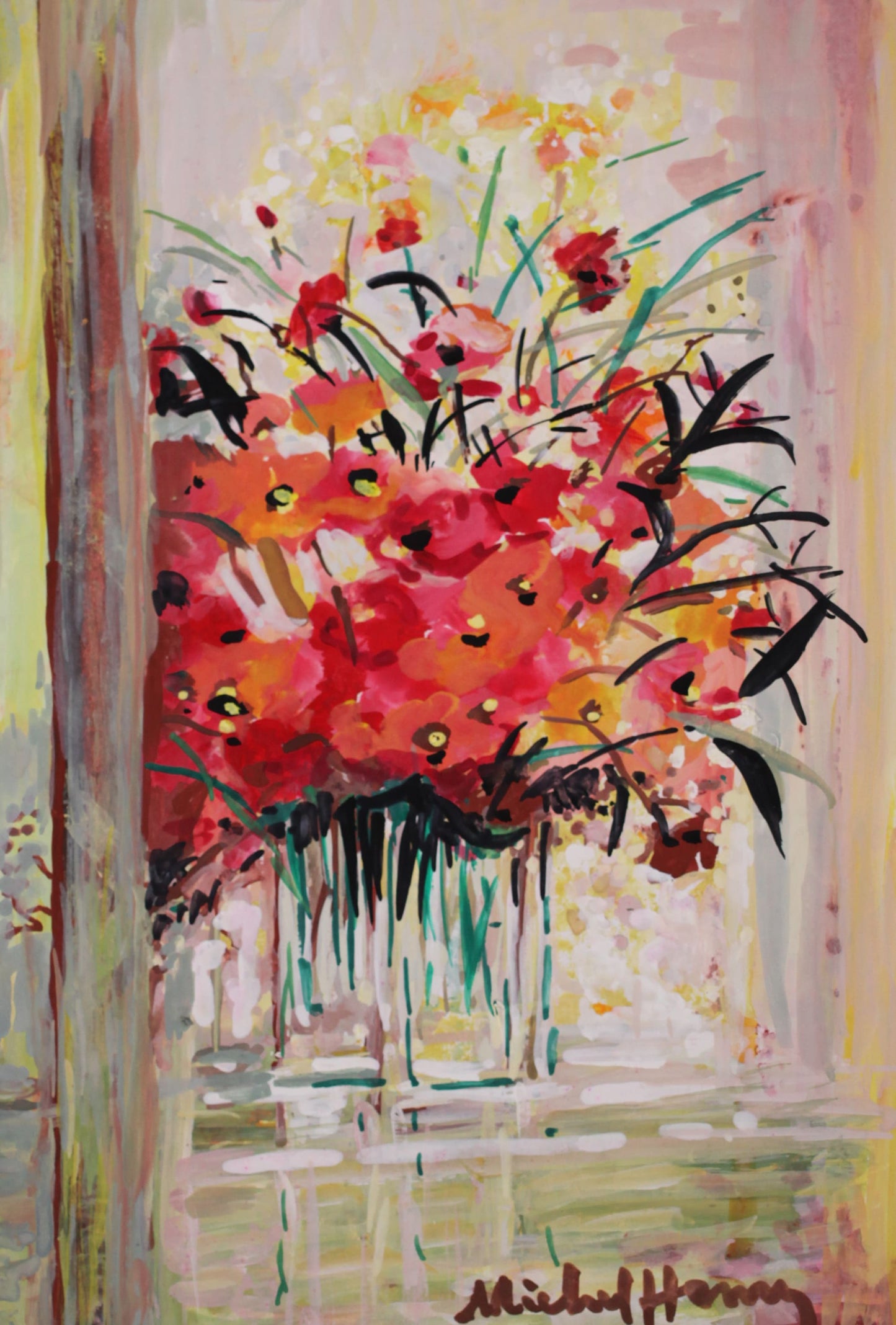 ミッシェル・アンリ 【ブーケのイリュージョン】グアッシュ=不透明水彩絵画)【額付】2号サイズ相当 2013年制作  ミッシェル・アンリが弊社(ギャルリー亜出果)の注文で描いた絵画です。