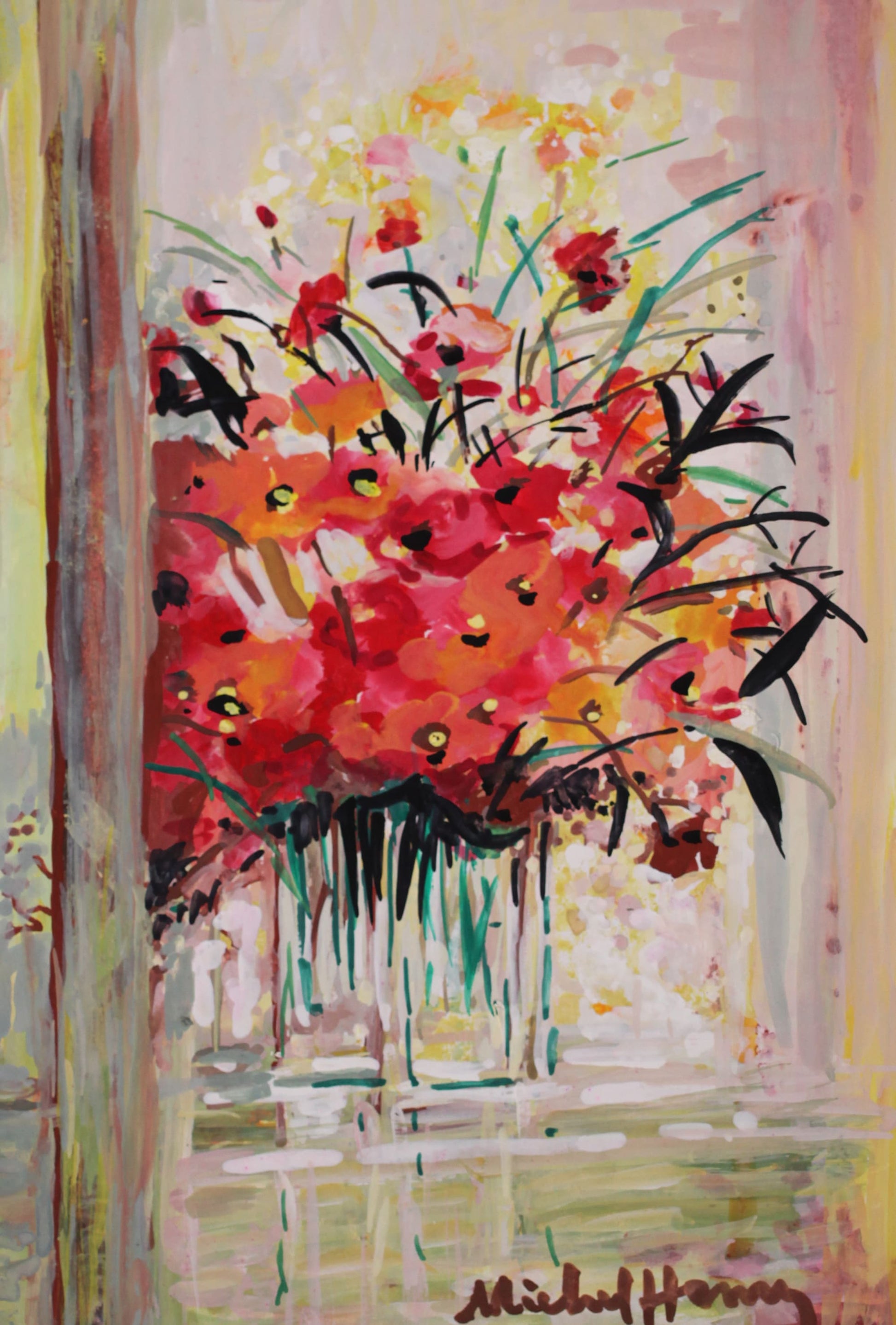 ミッシェル・アンリ 【ブーケのイリュージョン】グアッシュ=不透明水彩絵画)【額付】2号サイズ相当 2013年制作  ミッシェル・アンリが弊社(ギャルリー亜出果)の注文で描いた絵画です。