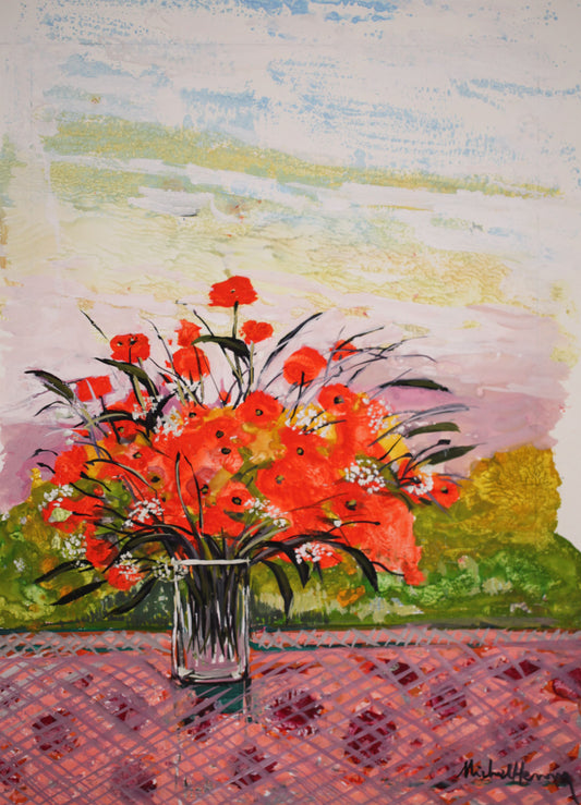 ミッシェル・アンリ 【原野のブーケ】 グアッシュ=不透明水彩絵画【額付】 5号サイズ相当 2013年制ミッシェル・アンリが弊社(ギャルリー亜出果)の注文で描いた絵画です。