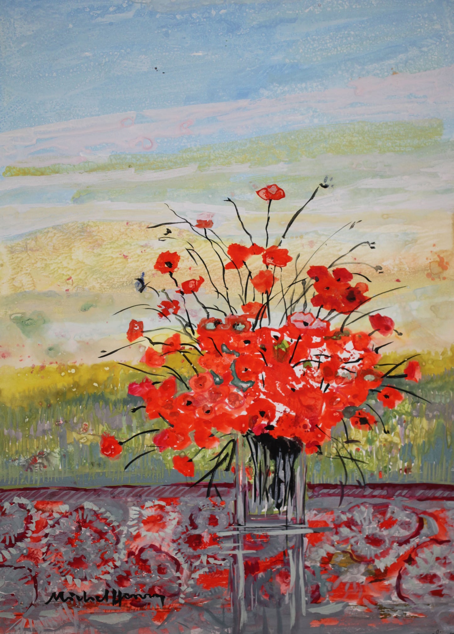 ミッシェル・アンリ 【オリエンタル絨毯とコクリコ】  グアッシュ=不透明水彩絵画【額付】 6号サイズ相当 2013年制作  ミッシェル・アンリが弊社(ギャルリー亜出果)の注文で描いた絵画です。