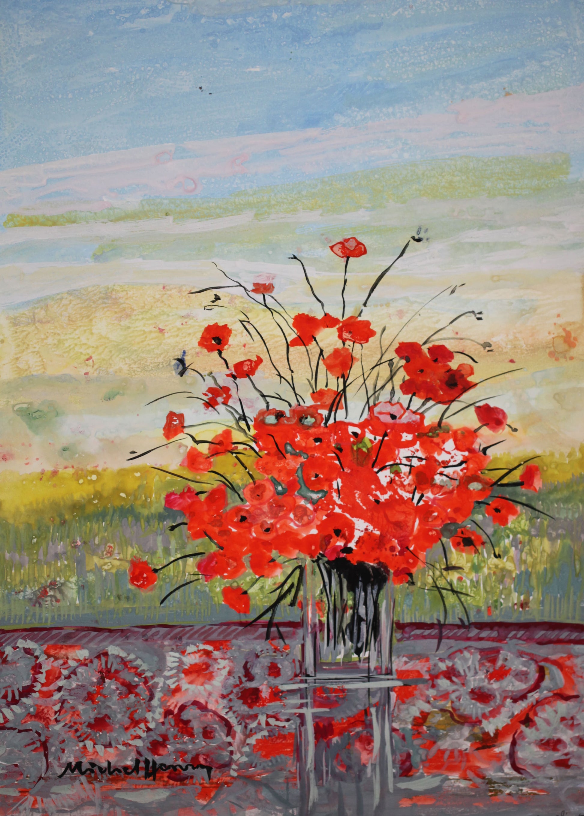 ミッシェル・アンリ 【オリエンタル絨毯とコクリコ】  グアッシュ=不透明水彩絵画【額付】 6号サイズ相当 2013年制作  ミッシェル・アンリが弊社(ギャルリー亜出果)の注文で描いた絵画です。