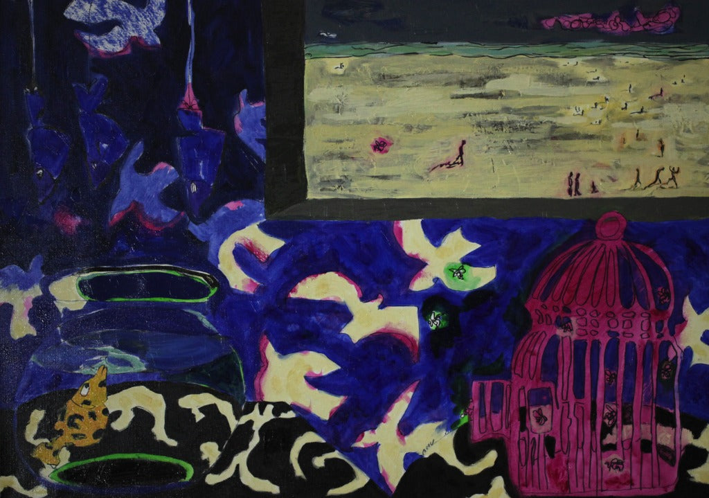 シモン・ブロー 【金魚と鳥籠】 油彩50x70㎝【額付】