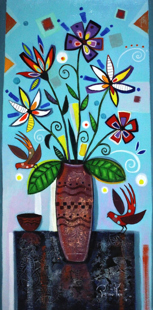 ジョゼ・ピエルマテオ 【小鳥とブーケ】油彩80x40cm【額付】 1963年 イタリアのテルモリ生まれ。1999年時代の証人画家展ブロンンズ賞。2000年 ライオンズクラブインターナショナル金賞等多数の賞を受賞。フランス、イギリス、アメリカで活躍している。日本でも百貨店等で展示されている。画家であると同時に色彩豊かな彫刻も人気が高い。  ピエルマテオはイギリスではhappy art(幸福なアート)の画家と呼ばれている。本人もその表現が気に入っているらしい。彼にとって描くという行為自体が創造の原動力だ。描きつつ、空想の世界を旅すると同時に自分自身の中の世界を発見する。その素晴らしい世界の感動を人々に伝える為に、彼は描いている。彼自身の言葉を引用しよう。<私が描いている時、心の振動が高まるのです。そして、元気が出て美しい物、幸福、喜び、愛といったポジティブな感情をキャンヴァスに表現できるのです。私はミュージシャンでもありますので、楽器を始め、音楽的な喜びを絵画的に表現する事もあります。