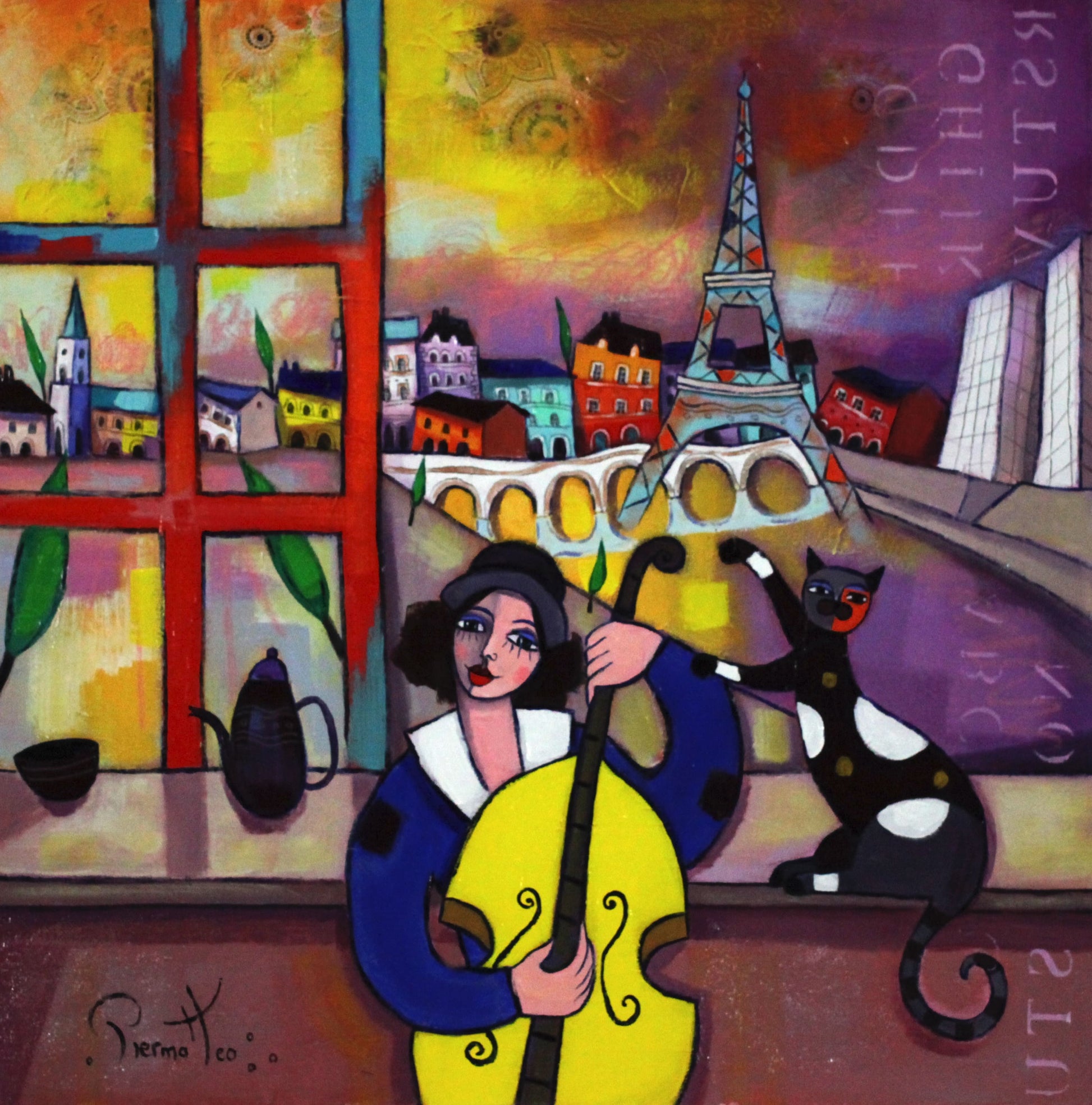 ジョゼ・ピエルマテオ 【パリの楽師】油彩60x60cm【額付】1963年 イタリアのテルモリ生まれ。1999年時代の証人画家展ブロンンズ賞。2000年 ライオンズクラブインターナショナル金賞等多数の賞を受賞。フランス、イギリス、アメリカで活躍している。日本でも百貨店等で展示されている。画家であると同時に色彩豊かな彫刻も人気が高い。  ピエルマテオはイギリスではhappy art(幸福なアート)の画家と呼ばれている。本人もその表現が気に入っているらしい。彼にとって描くという行為自体が創造の原動力だ。描きつつ、空想の世界を旅すると同時に自分自身の中の世界を発見する。その素晴らしい世界の感動を人々に伝える為に、彼は描いている。彼自身の言葉を引用しよう。<私が描いている時、心の振動が高まるのです。そして、元気が出て美しい物、幸福、喜び、愛といったポジティブな感情をキャンヴァスに表現できるのです。私はミュージシャンでもありますので、楽器を始め、音楽的な喜びを絵画的に表現する事もあります。