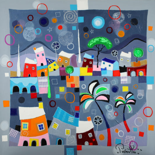 ジョゼ・ピエルマテオ 【雪の村】 油彩60x60cm㎝【額付】1963年 イタリアのテルモリ生まれ。1999年時代の証人画家展ブロンンズ賞。2000年 ライオンズクラブインターナショナル金賞等多数の賞を受賞。フランス、イギリス、アメリカで活躍している。日本でも百貨店等で展示されている。画家であると同時に色彩豊かな彫刻も人気が高い。  ピエルマテオはイギリスではhappy art(幸福なアート)の画家と呼ばれている。本人もその表現が気に入っているらしい。彼にとって描くという行為自体が創造の原動力だ。描きつつ、空想の世界を旅すると同時に自分自身の中の世界を発見する。その素晴らしい世界の感動を人々に伝える為に、彼は描いている。彼自身の言葉を引用しよう。<私が描いている時、心の振動が高まるのです。そして、元気が出て美しい物、幸福、喜び、愛といったポジティブな感情をキャンヴァスに表現できるのです。私はミュージシャンでもありますので、楽器を始め、音楽的な喜びを絵画的に表現する事もあります。