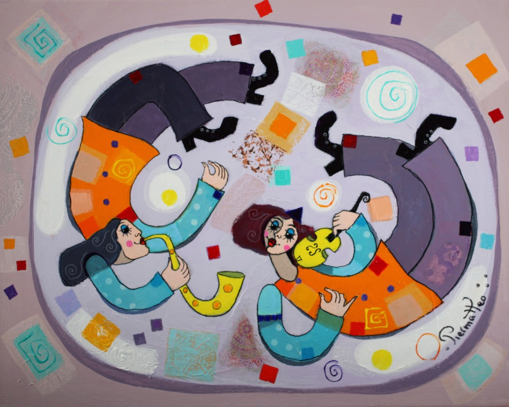 ジョゼ・ピエルマテオ 【二重奏】 油彩6号【額付】1963年 イタリアのテルモリ生まれ。時代の証人画家賞、 ライオンズクラブインターナショナル金賞等多数の賞を受賞。フランス、イギリス、アメリカで活躍していて、日本でも百貨店等で展示されている。 ピエルマテオはイギリスではhappy artの画家と呼ばれている。彼にとって描くという行為自体が創造の原動力だ。描きつつ、空想の世界を旅すると同時に自分自身の中の世界を発見し、その感動を人々に伝える為に、彼は描いている。彼が描いている時、心の振動が高まり、元気が出て美しい物、幸福、喜び、愛といったポジティブな感情をキャンヴァスに表現できる。彼はミュージシャンでもあるので、楽器を始め、音楽的な喜びをも絵画的に表現する。