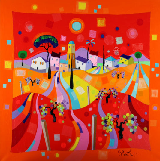 ジョゼ・ピエルマテオ 【葡萄畑】 油彩80x80㎝【額付】1963年 イタリアのテルモリ生まれ。1999年時代の証人画家。2000年 ライオンズクラブインターナショナル金賞等多数の賞を受賞。フランス、イギリス、アメリカで活躍している。日本でも百貨店等で展示されている。画家であると同時に色彩豊かな彫刻も人気が高い。 ピエルマテオはイギリスではhappy art(幸福なアート)の画家と呼ばれている。本人もその表現が気に入っているらしい。彼にとって描くという行為自体が創造の原動力だ。描きつつ、空想の世界を旅すると同時に自分自身の中の世界を発見する。その素晴らしい世界の感動を人々に伝える為に、彼は描いている。彼自身の言葉を引用しよう。<私が描いている時、心の振動が高まるのです。そして、元気が出て美しい物、幸福、喜び、愛といったポジティブな感情をキャンヴァスに表現できるのです。私はミュージシャンでもありますので、楽器を始め、音楽的な喜びを絵画的に表現する事もあります。