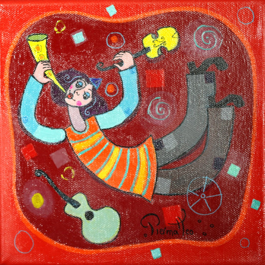 ジョゼ・ピエルマテオ 【空飛ぶミュージシャン】 油彩20x20cm【額付】1963年 イタリアのテルモリ生まれ。1999年時代の証人画家展ブロンンズ賞。2000年 ライオンズクラブインターナショナル金賞等多数の賞を受賞。フランス、イギリス、アメリカで活躍している。日本でも百貨店等で展示されている。画家であると同時に色彩豊かな彫刻も人気が高い。  ピエルマテオはイギリスではhappy art(幸福なアート)の画家と呼ばれている。本人もその表現が気に入っているらしい。彼にとって描くという行為自体が創造の原動力だ。描きつつ、空想の世界を旅すると同時に自分自身の中の世界を発見する。その素晴らしい世界の感動を人々に伝える為に、彼は描いている。彼自身の言葉を引用しよう。<私が描いている時、心の振動が高まるのです。そして、元気が出て美しい物、幸福、喜び、愛といったポジティブな感情をキャンヴァスに表現できるのです。私はミュージシャンでもありますので、楽器を始め、音楽的な喜びを絵画的に表現する事もあります。