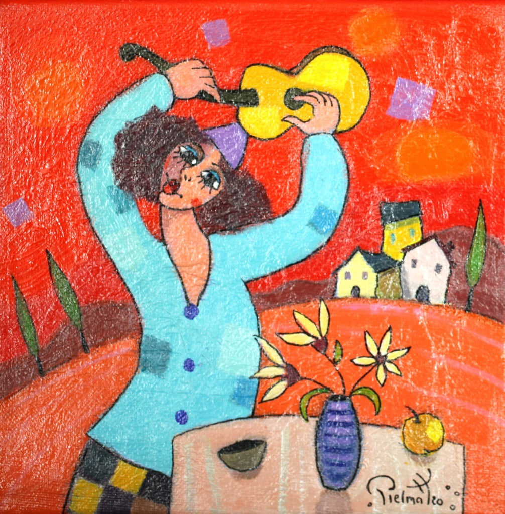 ジョゼ・ピエルマテオ 【春の音色】 油彩20x20cm【額付】1963年 イタリアのテルモリ生まれ。1999年時代の証人画家展ブロンンズ賞。2000年 ライオンズクラブインターナショナル金賞等多数の賞を受賞。フランス、イギリス、アメリカで活躍している。日本でも百貨店等で展示されている。画家であると同時に色彩豊かな彫刻も人気が高い。  ピエルマテオはイギリスではhappy art(幸福なアート)の画家と呼ばれている。本人もその表現が気に入っているらしい。彼にとって描くという行為自体が創造の原動力だ。描きつつ、空想の世界を旅すると同時に自分自身の中の世界を発見する。その素晴らしい世界の感動を人々に伝える為に、彼は描いている。彼自身の言葉を引用しよう。<私が描いている時、心の振動が高まるのです。そして、元気が出て美しい物、幸福、喜び、愛といったポジティブな感情をキャンヴァスに表現できるのです。私はミュージシャンでもありますので、楽器を始め、音楽的な喜びを絵画的に表現する事もあります