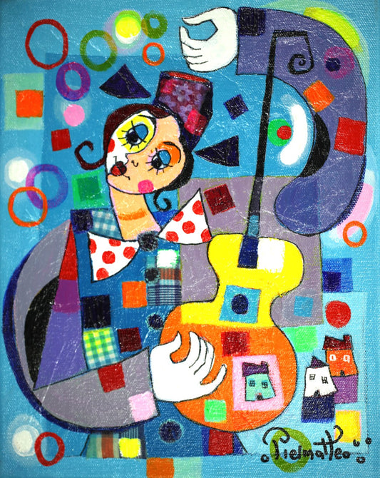 ジョゼ・ピエルマテオ 【ミュージシャン】油彩4号【額付】1963年 イタリアのテルモリ生まれ。1999年時代の証人画家展ブロンンズ賞。2000年 ライオンズクラブインターナショナル金賞等多数の賞を受賞。フランス、イギリス、アメリカで活躍している。日本でも百貨店等で展示されている。画家であると同時に色彩豊かな彫刻も人気が高い。  ピエルマテオはイギリスではhappy art(幸福なアート)の画家と呼ばれている。本人もその表現が気に入っているらしい。彼にとって描くという行為自体が創造の原動力だ。描きつつ、空想の世界を旅すると同時に自分自身の中の世界を発見する。その素晴らしい世界の感動を人々に伝える為に、彼は描いている。彼自身の言葉を引用しよう。<私が描いている時、心の振動が高まるのです。そして、元気が出て美しい物、幸福、喜び、愛といったポジティブな感情をキャンヴァスに表現できるのです。私はミュージシャンでもありますので、楽器を始め、音楽的な喜びを絵画的に表現する事もあります